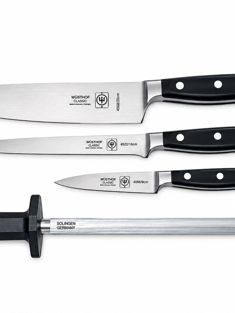 Professional Culinary 3-Piece Knife Set with Honing Stick German Steel - Black